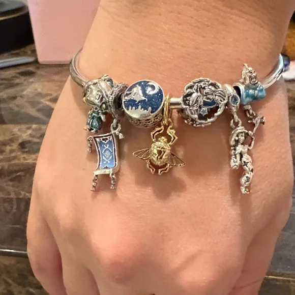 Pandora Silver Charm Bracelet with Blue and Gold Accents - Picture 2 of 13